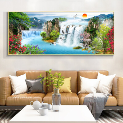Waterfall Sunset Landscape Canvas Painting Lake Bird Posters and Prints Wall Art