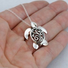 3D Sea Turtle Necklace - 925 Sterling Silver - Filigree Pendant Ocean