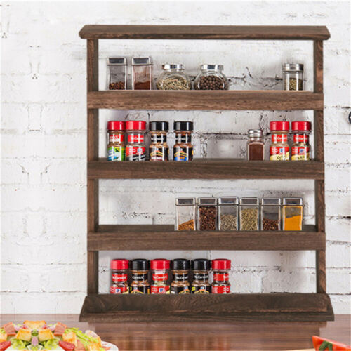 Rustic Torched Wood Wall Hanging Spice Rack 4 Tier Seasoning Jar Shelves Pantry - Picture 2 of 14