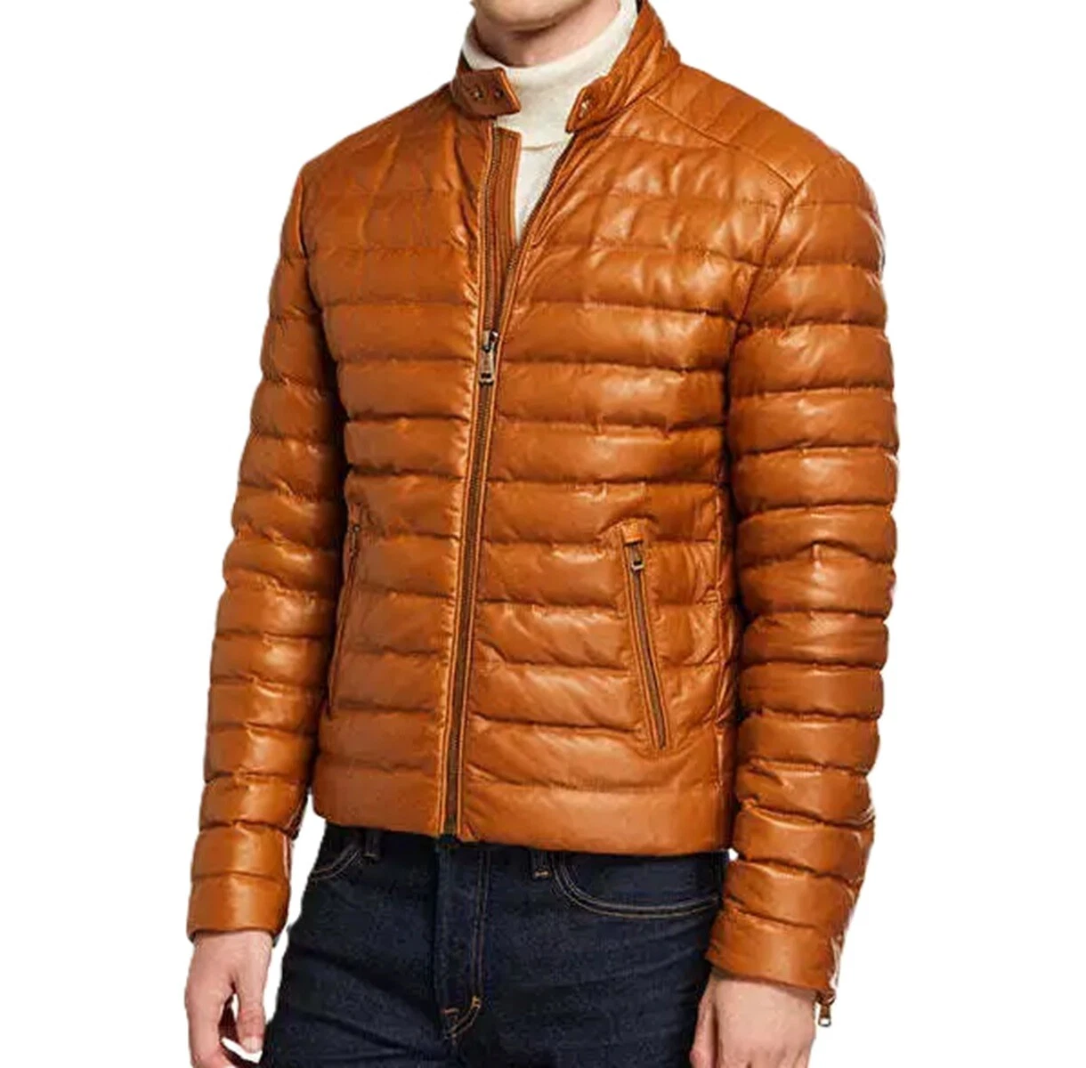 Men's Genuine Sheepskin Leather Puffer Down Jacket Brown Padded Winter Jacket
