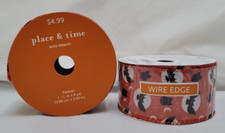Lot of 2 Halloween Wire Edge Satin Boo Ribbon B-1 - Orange with Moon Bats Cats