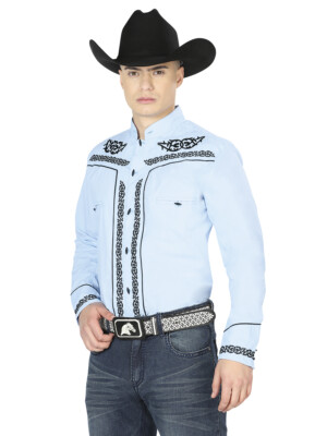 CAMISA CHARRA M/ LARGA 65% POLYESTER 35% ALGODON AZUL ID 40785