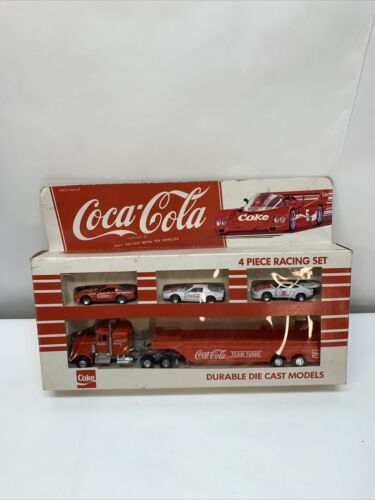 Vintage New 4 Piece Set COCA-COLA DIE CAST 1:64 TEAM TURBO RACE CAR HAULER