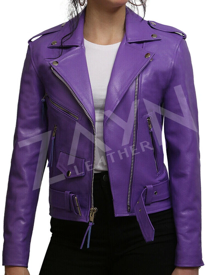 Women's Real Lambskin Leather Soft Purple Jacket Biker Motorcycle Stylish Jacket - Image 4 of 4