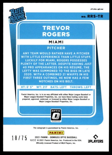 2021 Donruss Optic Rated Rookie Signatures PINK Trevor Rogers Auto 18/75 Miami - Picture 2 of 2