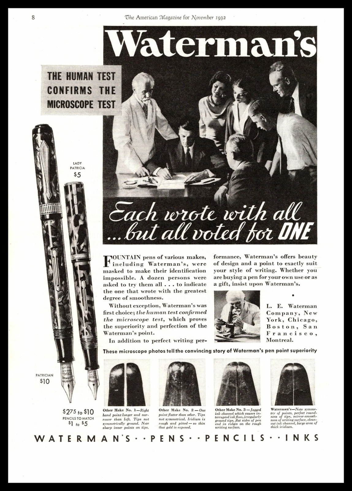 1932 Waterman Lady Patricia & Patrician Pens Pencils "Microscope Test