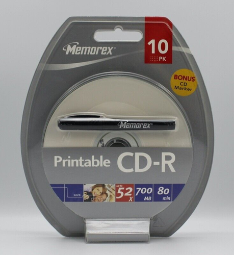 Memorex Printable CD-R 52x 700MB 80 Minute 10-Pack White Sealed with ...