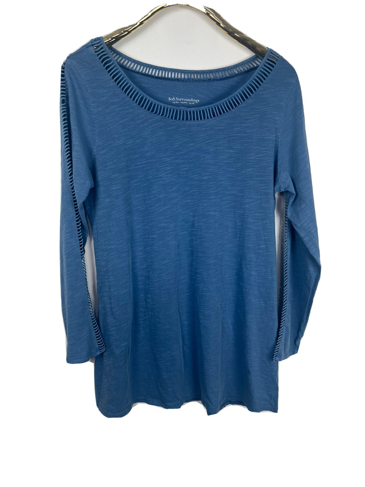Soft Surroundings Blue Cotton Slub Knit Tunic Top Size M Long Sleeve Stretch