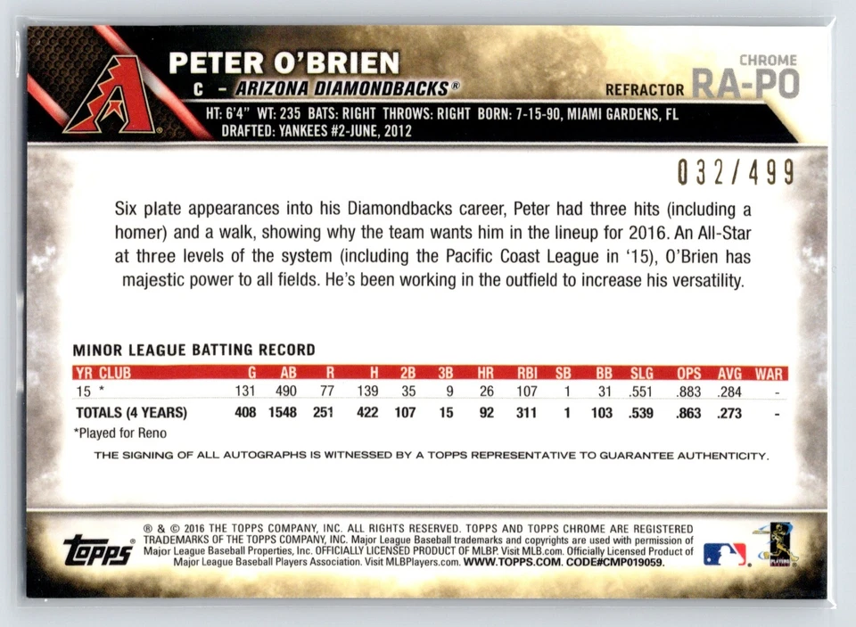 2016 Topps Chrome Rookie Auto Refractor /499 Peter O'Brien #RA-PO Auto RC - Image 2 of 2