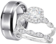 New His And Hers Tungsten /925 Sterling Silver Wedding Engagement Ring Band Set