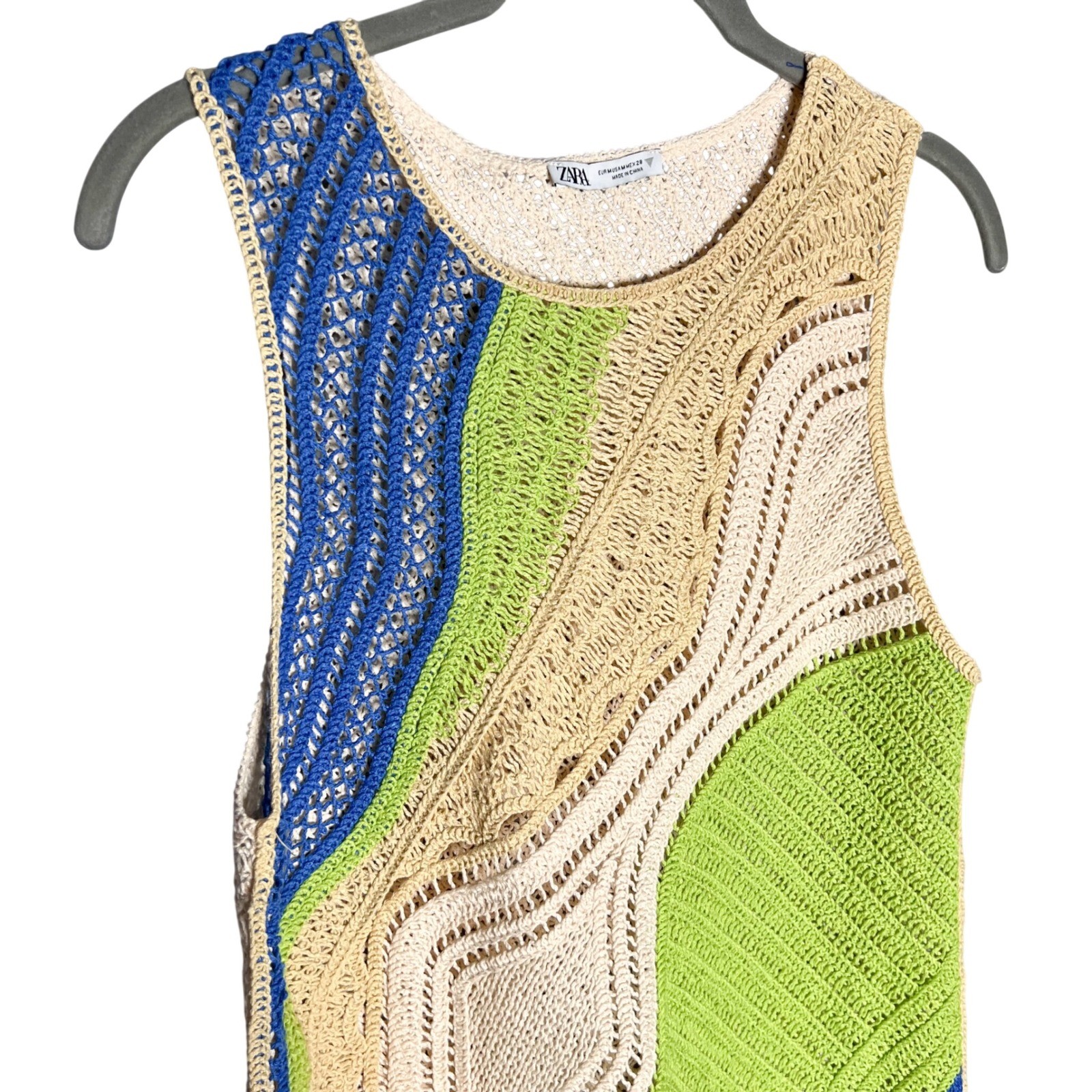 Zara Colorful Crochet Knit Dress Sz Medium Lime Green Blue Cream Sleeveless Mini thumbnail 5