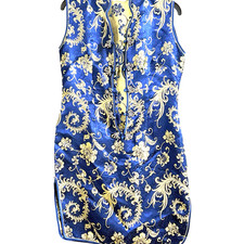 Jin Yue Fu Shi Blue Gold Brocade Qipao Cheongsam Dress Oriental Silk Style S/M