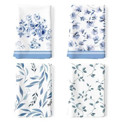 Blue Flower Leaves Tea Towels, 100% Cotton Kitchen Towel Set 20×27.5inch, 