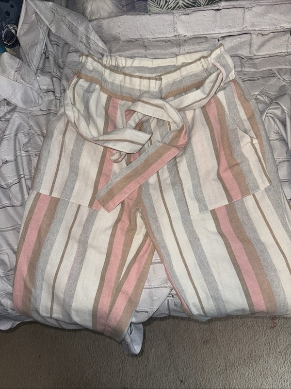 Ci Sono Women's Large Linen Pink Cream Blue Brown striped beachy pants Large
