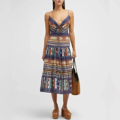 New Veronica Beard Womens Abilene Maxi Dress XS Tie Front Button Aztec Print