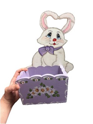 Vintage Rabbit Easter Wooden Box Basket Hand Painted cottage core Cute 90s