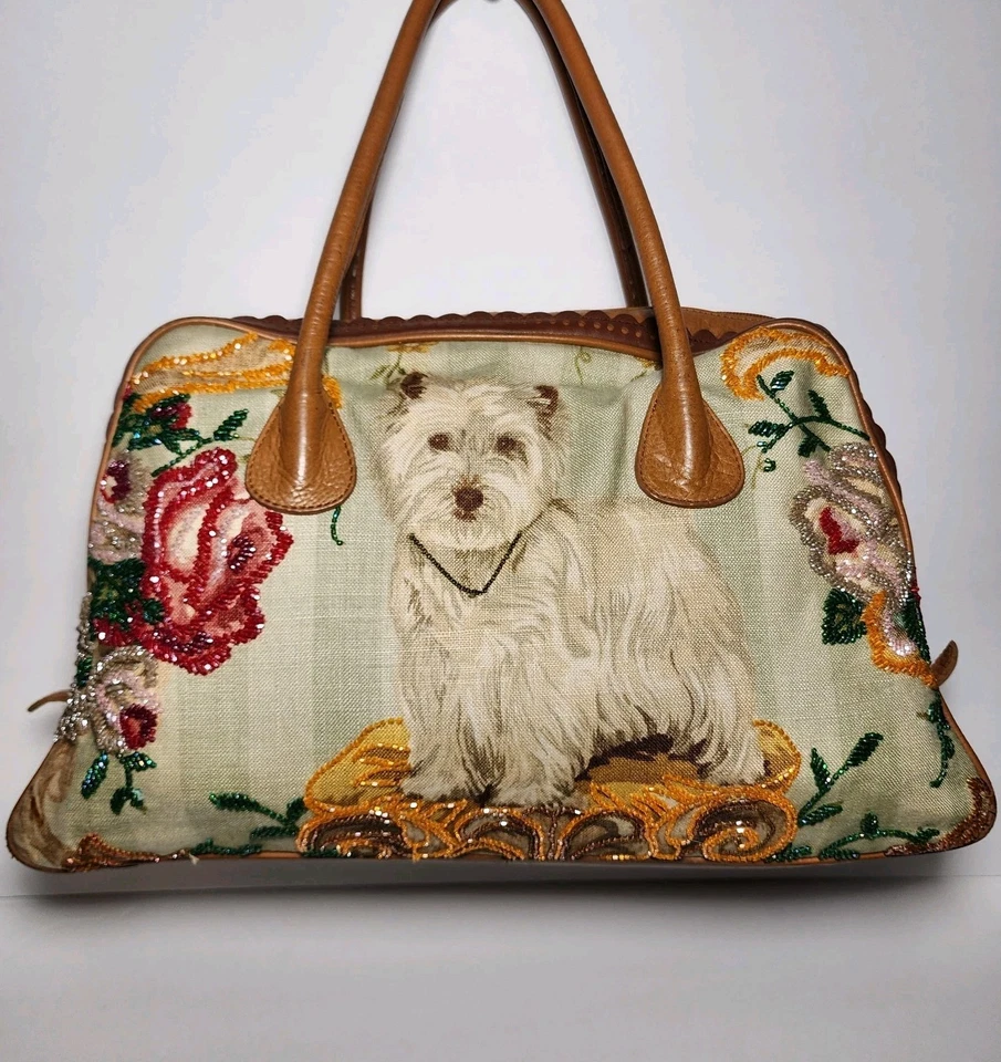 ISABELLA FIORE WHITE TERRIER,BEADED,FABRIC LEATHER DOGGY DIVA HANDBAG $565 - Image 2 of 4