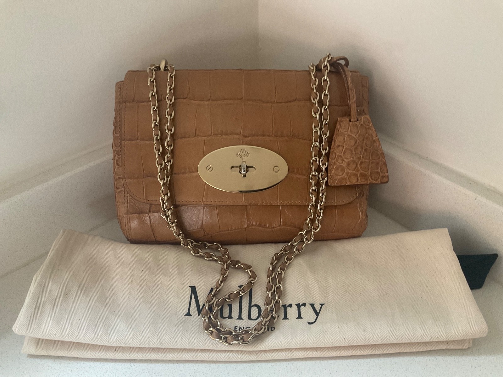 Mulberry biscuit brown soft croc print regular lily shoulder crossbody, dust bag