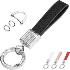 QBUC Bling Genuine Leather Car Keychain for Women Key Fob Holder Black