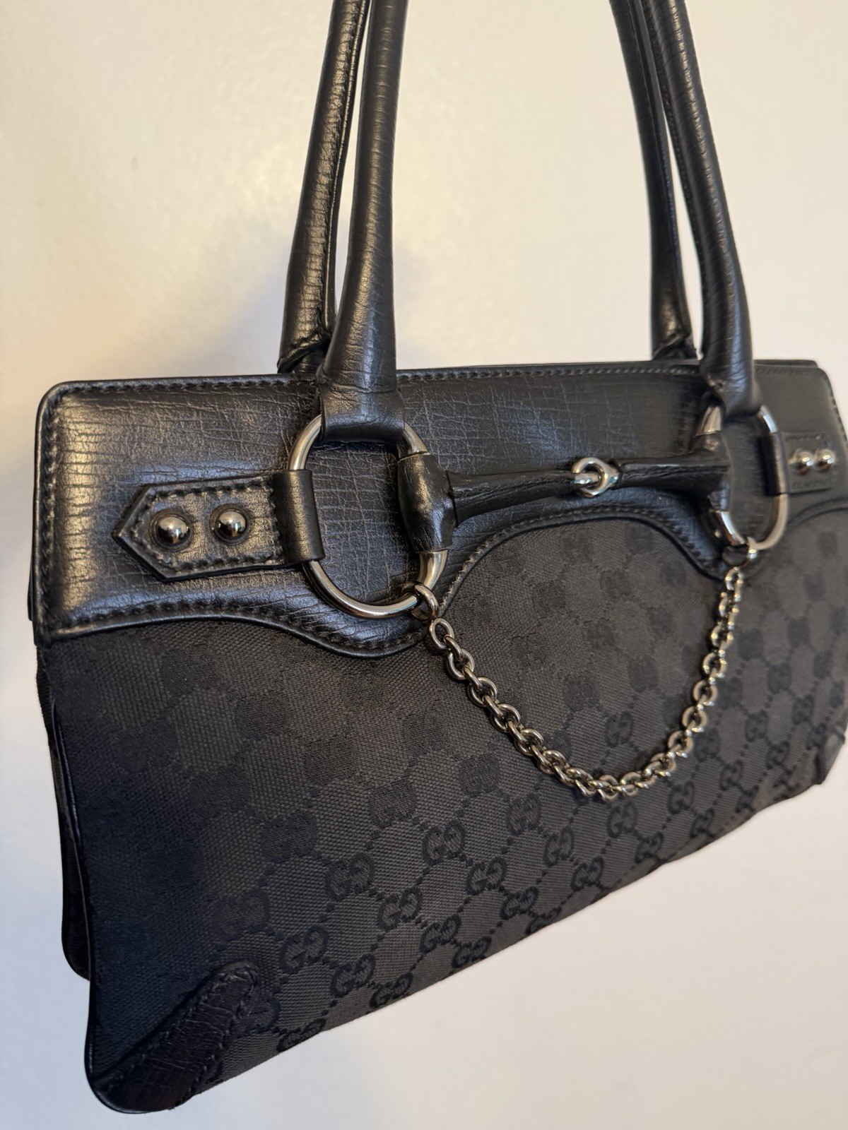 Gucci Black Horsbit Chain Accent Top Handle Bag Designer Women's Handbag