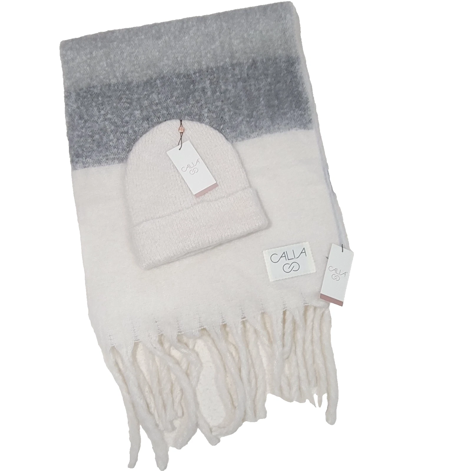 CALIA Luxe Scarf & Beanie Hat Carrie Underwood Striped Gray Ivory Outdoor Winter