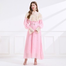 Womens Long Sleeve Lace Splicing Stand Collar Pleated A Line Dresses Rhinestones