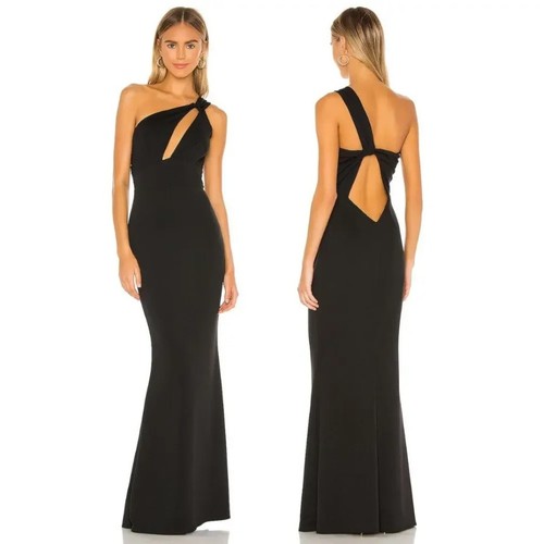Katie May Sz XS Black Edgy One Shoulder Keyhole Cutout Back Gown