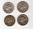 Lot of 4 90% silver 1962 Washington Quarters (pre 1964) $1.00 face