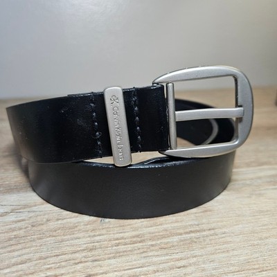 Calvin Klein Jeans Men's Black Genuine Leather Belt Silver Buckle Size Large Y2K