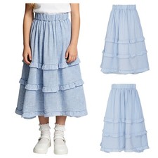 Girls Cake Skirt Vintage Inspired Daily Wear High Waist A-Line Flowy Blue White