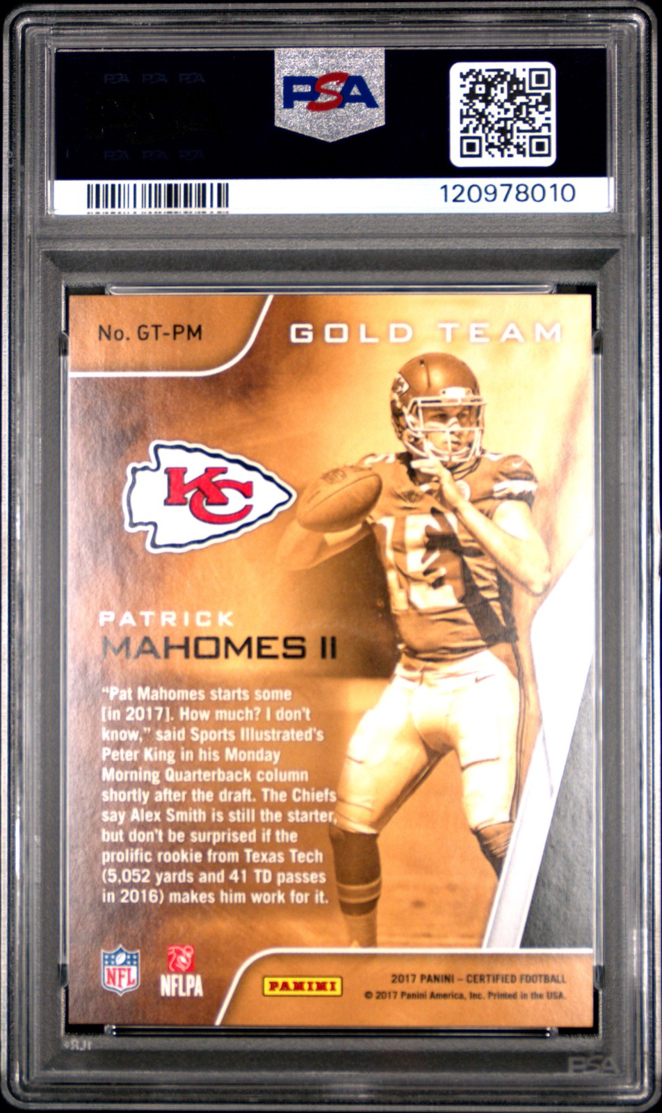 2017 PANINI CERTIFIED GOLD TEAM #GTPM PATRICK MAHOMES II ROOKIE RC PSA 9 view 2