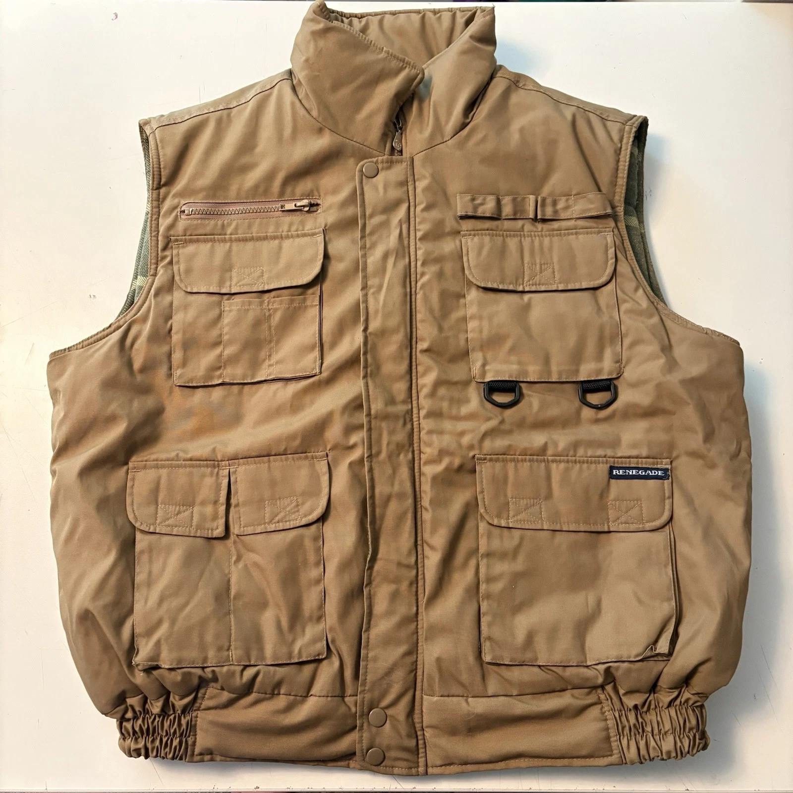 Renegade Utility Vest XL Tan Khaki Flannel Lined Full Zip Fishing Hiking Hunting