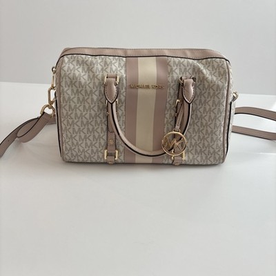 Michael Kors Bedford Travel Medium Satchel features pink and cream center stripe