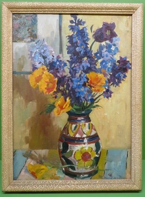Edwin Ernest Morgan RMS (1881-1954) Welsh 1920s Still Life Of Delphinium Flowers