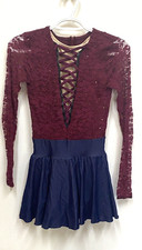 Dance Recital Leotard Costume Red/ Maroon Bodice tie up, Short Denim Skirt