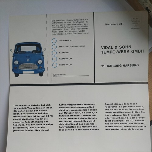9.2 Tempo Matador Vidal Hamburg Oldtimer original Prospekt Gutschein Kleinlaster - 第 6/9 張圖片