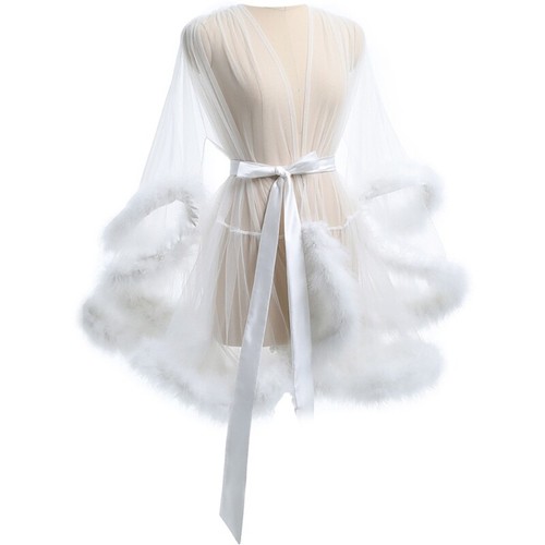 Furry Trim Sheer Mesh Chemise Lingerie Robe with Satins Belt for Women Nightgown - Picture 4 of 12