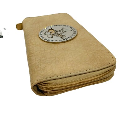 Beverly Hills Polo Club Wallet Stanford Zip Large Metal Medallion Logo Sand READ