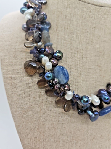 Freshwater Pearl Smoky quartz labordite 3 strand Necklace Sterling Silver Clasp - Picture 2 of 5