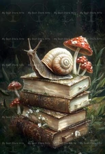 SNAIL ON BOOK ART PRINT, Fairytale Fantasy Wall Decor, Cottagecore Animal Poster