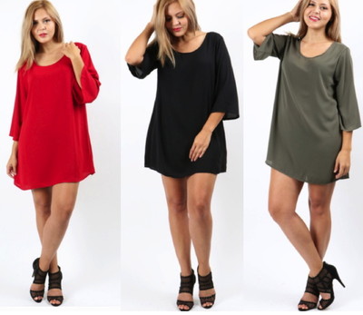 New Plus Size 3/4 Bell Sleeve Shift Swing Dress- L/XL/1X-2X-3X