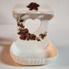 Ceramic All In One Bathroom Dish Toothbrush Soap Holder Gold Roses Cream Glaze