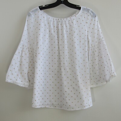 Boden White Bella Top Glittery Gold Polka Dot Cotton Bell Sleeve Blouse US 4