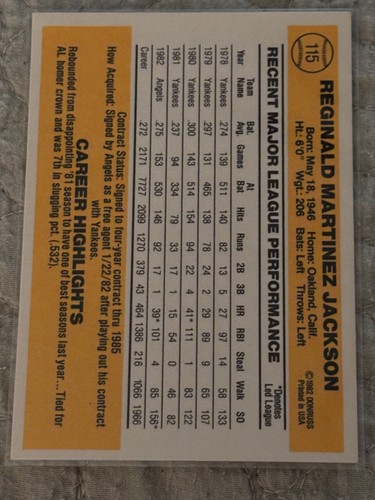 1983 Donruss - Reggie Jackson #115 NM+ .R86 - Picture 2 of 2