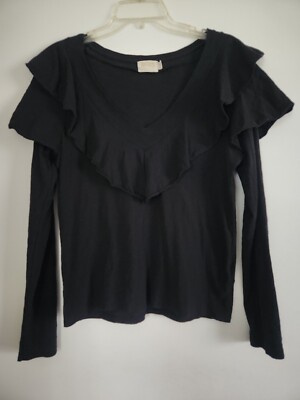 Nation LTD Kelsey Ruffled Romance Tee Long Sleeve V-Neck Shirt Size L Black