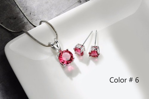 7 Colors Silver Plated Women's Fashion Necklace Crystal Pendant Stud Earring Set - Picture 15 of 16