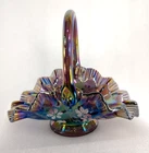 Bill Fenton and T. Watson Amethyst Carnival Glass Basket Hand Painted Flowers