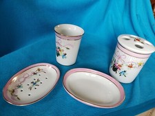 Ceramic Bath Set 4Pc Floral Gold Trim Elegant Soap dish Cup Toothbrush Holder