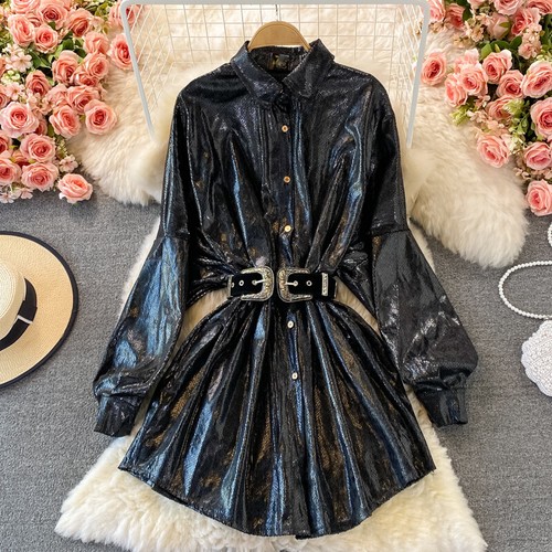 Damen Glänzend Mini Hemd Kleid Langarm Bluse Oberteil Slim Freizeit Club Retro Knopf - Bild 20 von 20