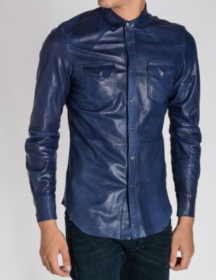Men's Blue Napa Lamb Leather Soft & Lightweight Biker Full Sleeve Fashion Shirt